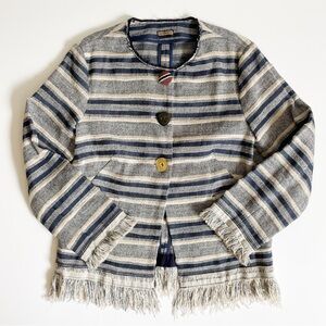 Maliparmi Striped Fringe Embroidered Beaded Blazer Jacket - Navy Blue & Cream